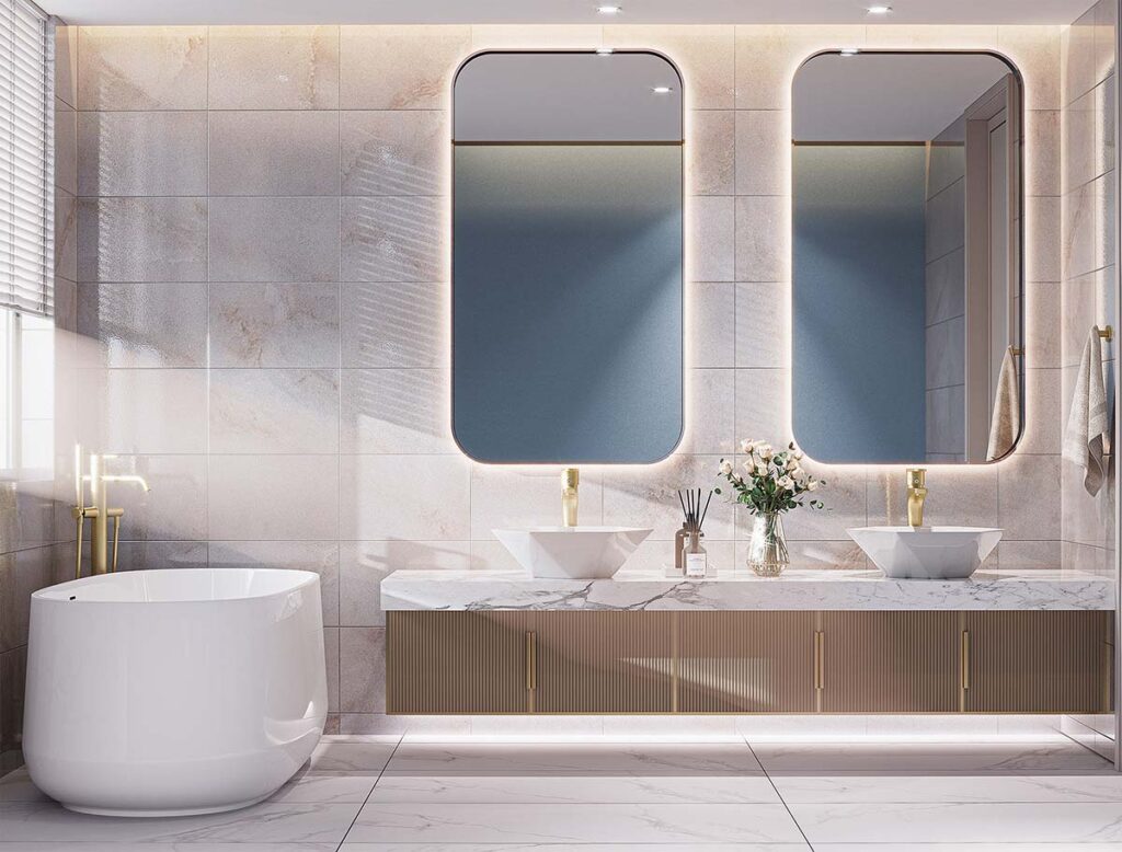 Baño con tina y dos lavamanos y dos espejos, con cerámica