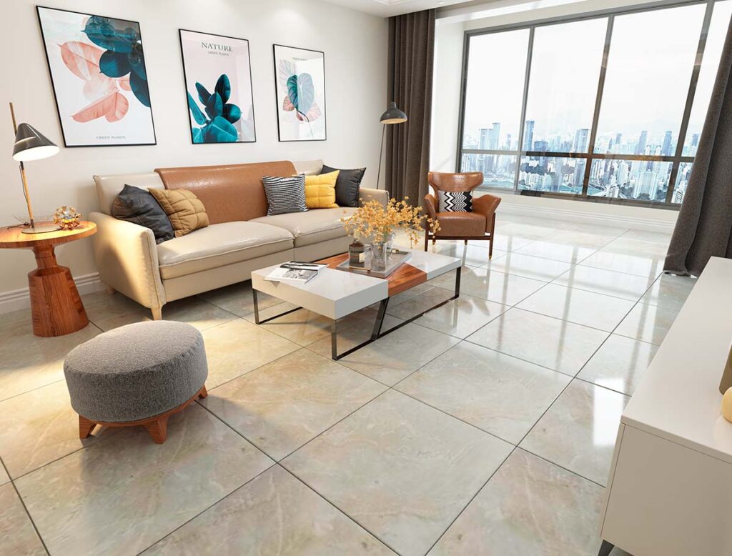 Sala con Sofá de 3 puestos, cerámica alfa, y lámparas