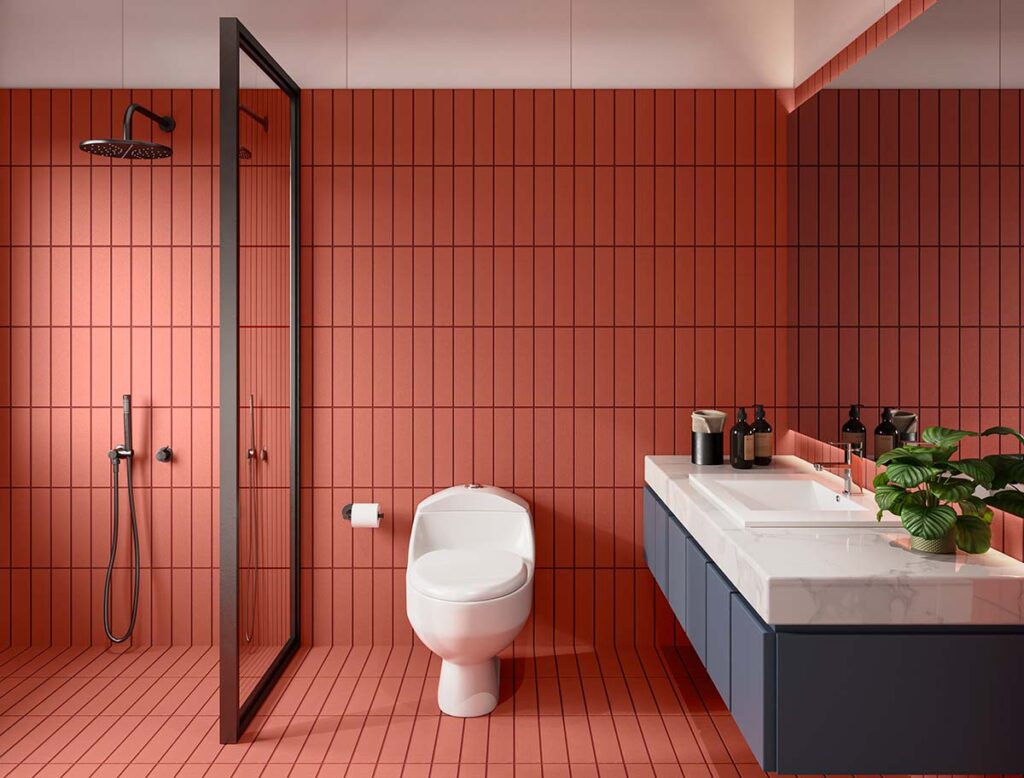 Sanitario en baño con cerámicas rojas