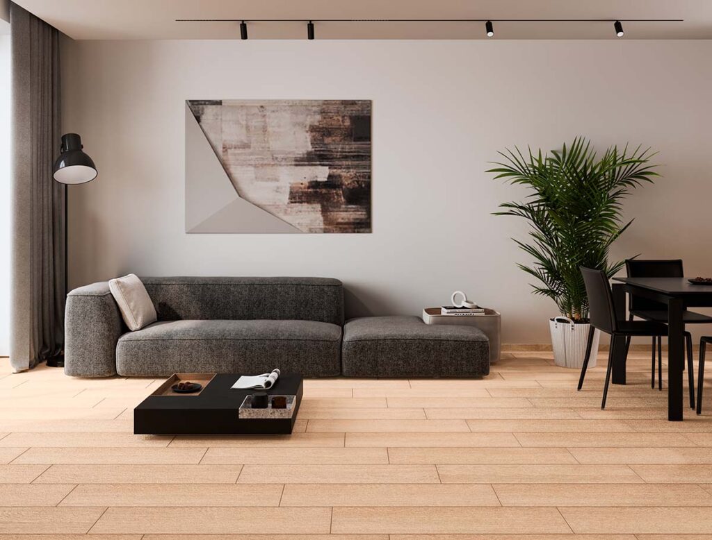 Sala comedor con pisos cerámicos tipo madera